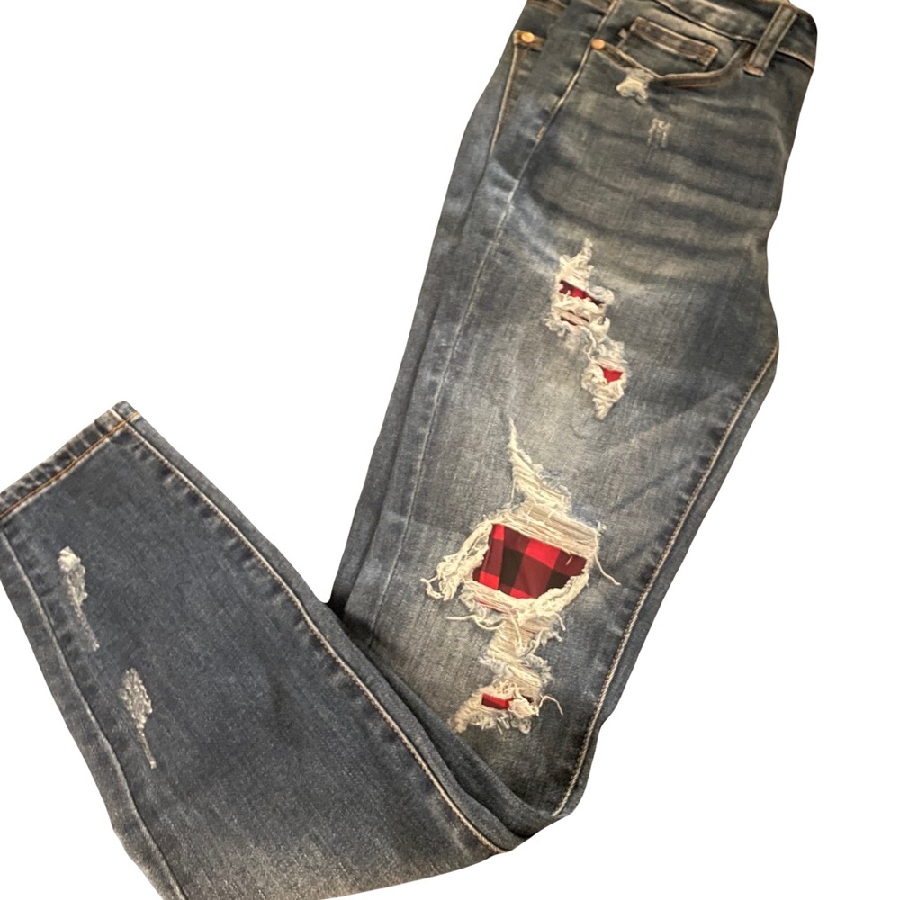 Judy Blue Buffalo Plaid Patch Distressed Skinny Jeans size 1